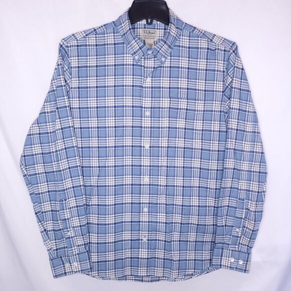 LL Bean Shirt Mens Medium Plaid Blue, White Slightly Fitted Oxford Comfort - Picture 2 of 10